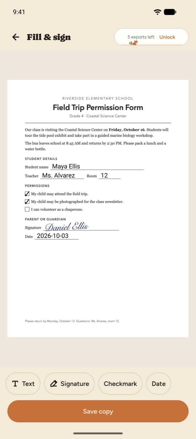 A field trip permission form in Paperleaf with the student name, checkmarks and a parent signature filled in